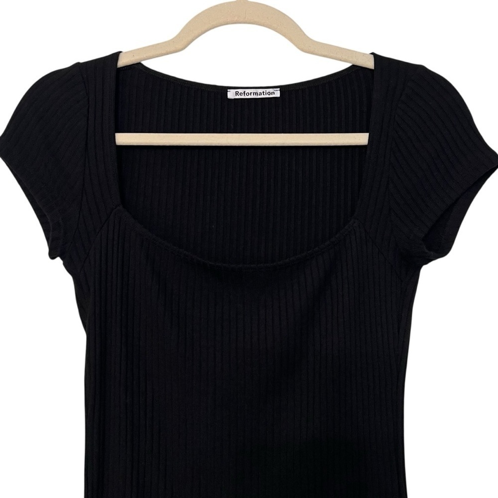 Reformation Bardot Square Neck Ribbed Knit Short Sleeve Top Black Small Modern - Picture 2 of 4